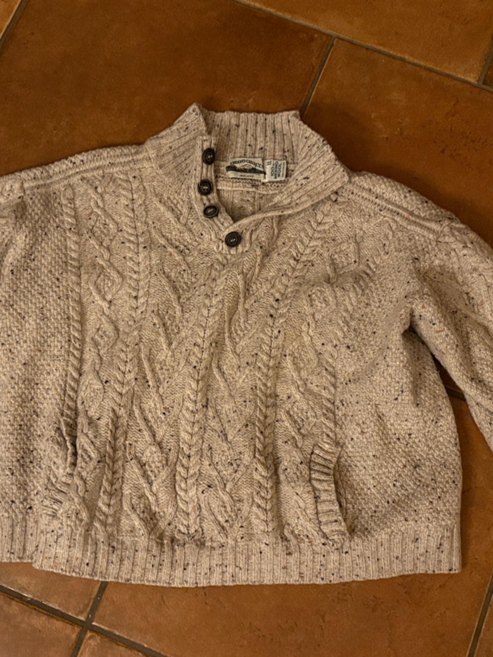Aran Button-Front Cable Knit Turtleneck Sweater - Cream Speckle